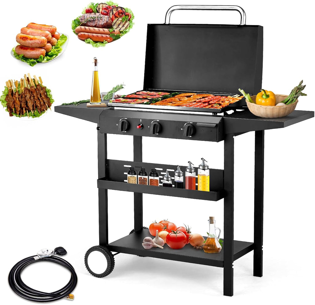 Rolling Flat Top Grill Propane Gas Griddle 3-Burner Propane Grill Griddle Station w/Side Shelve, Ceramic Coated Cast Iron Pan for Outdoor Cooking Barbecue Backyard Garden Party Picnic Hiking (Black)