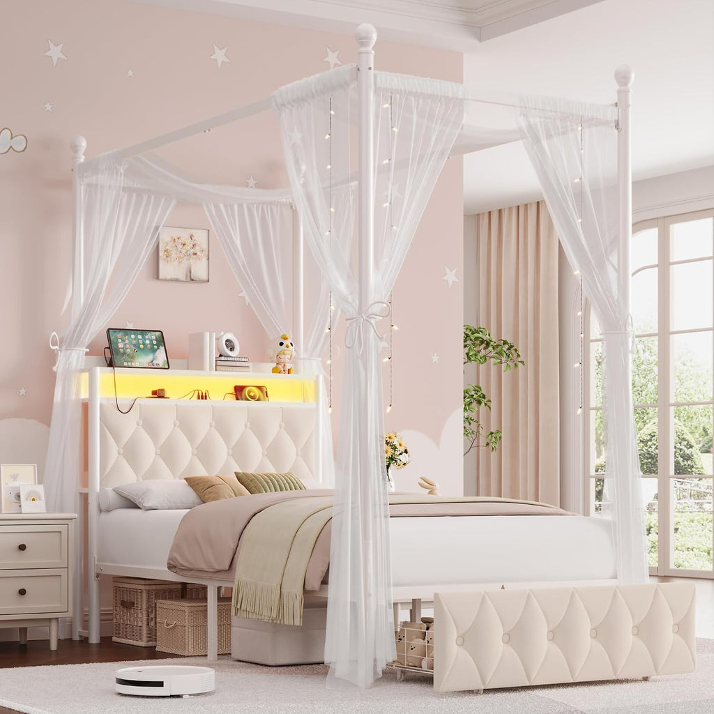 HIFIT Set of 2 Kids Twin Upholstered LED Canopy Bed Frame with Charging Station & Storage Drawer, Button Tufted Storage Headboard w/Bookshelf, Two-Use Girls Platform Bed frame w/4 Removable Post,Beige