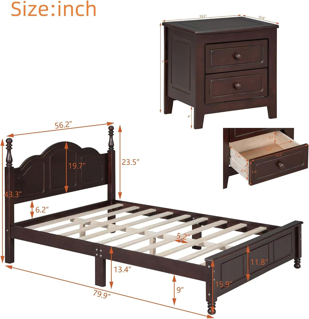 Harper & Bright Designs 3-Pieces Bedroom Sets,Full Size Wood Platform Bed Frame for Boys Girls Kids Adults Toddler and Two Nightstands-Dark Walnut