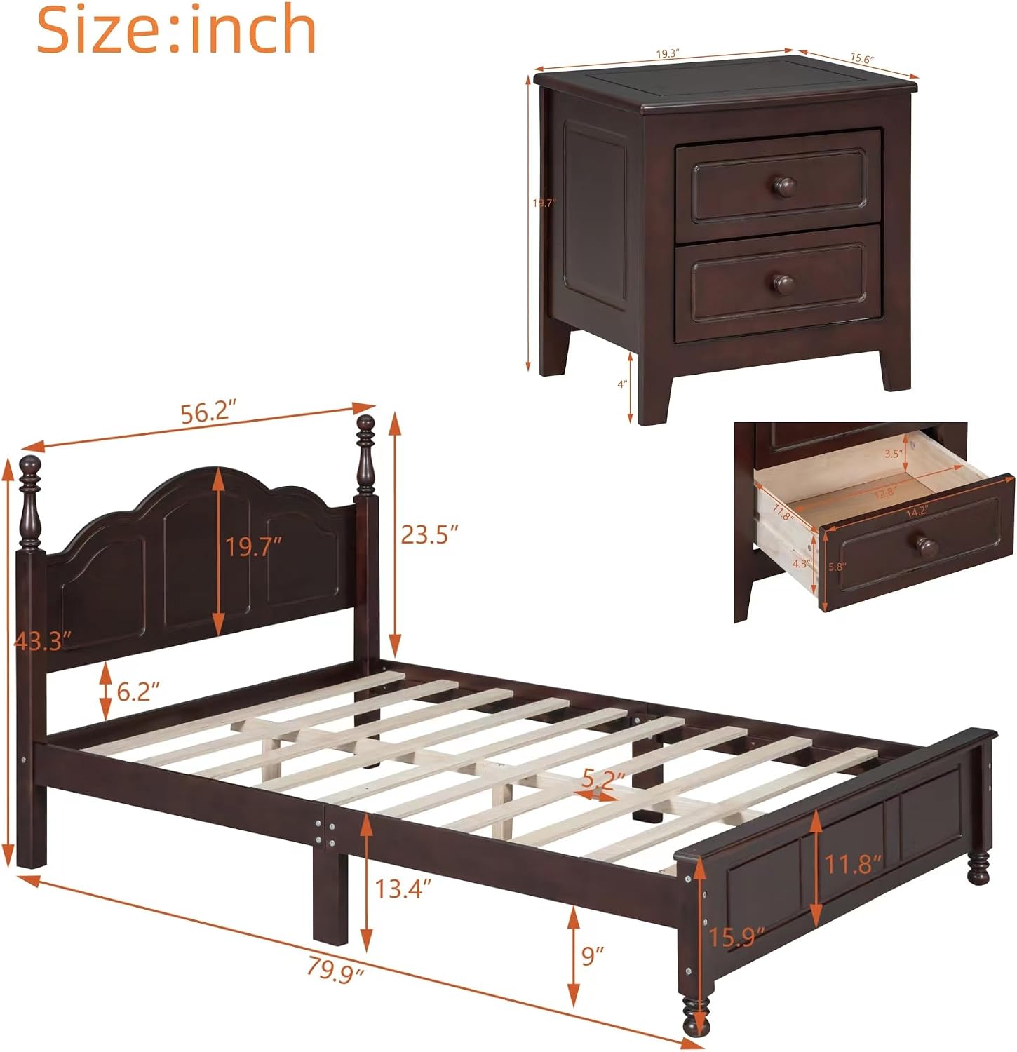 Harper & Bright Designs 3-Piece Full Bedroom Set, Retro Style Wooden Bedroom Furniture Set with Full Size Bed Frame and Two Nightstands for Kids Teens Adults Bedroom, Dark Walnut