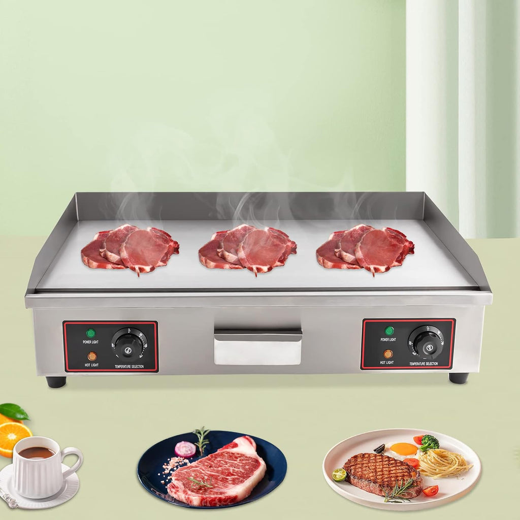 Commercial Griddle,3000W 110V Commercial Electric Countertop Griddle Stainless Iron Flat Top Grill Hot Plate BBQ 122°F to 572°F Adjustable Temp Control