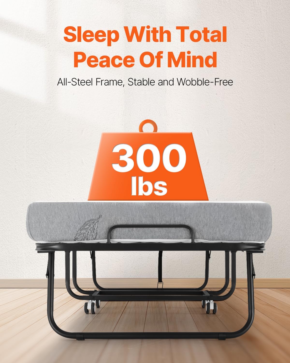 VEVOR 31 in x 75 in Folding Bed with 5 in Mattress, Twin Size, White, Metal Frame & Memory Foam Mattress, Portable Rollaway Bed, 300 lbs Weight Capacity, Adult, Guest