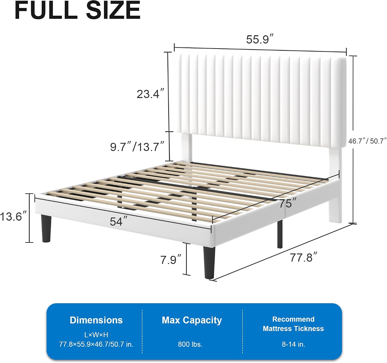 GOLDORO Full Size Bed Frame with Adjustable Headboard, Velvet Upholstered Platform Bed, Vertical Channel Tufted Design, Wooden Slat Support, No Box Spring Needed, Easy Assembly, White