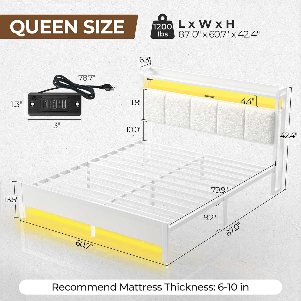 Rolanstar Bed Frame Queen Size with Charging Station and LED Lights, Upholstered Headboard with Storage Shelves, Heavy Duty Metal Slats, No Box Spring Need, Noise Free, Easy Assembly, White