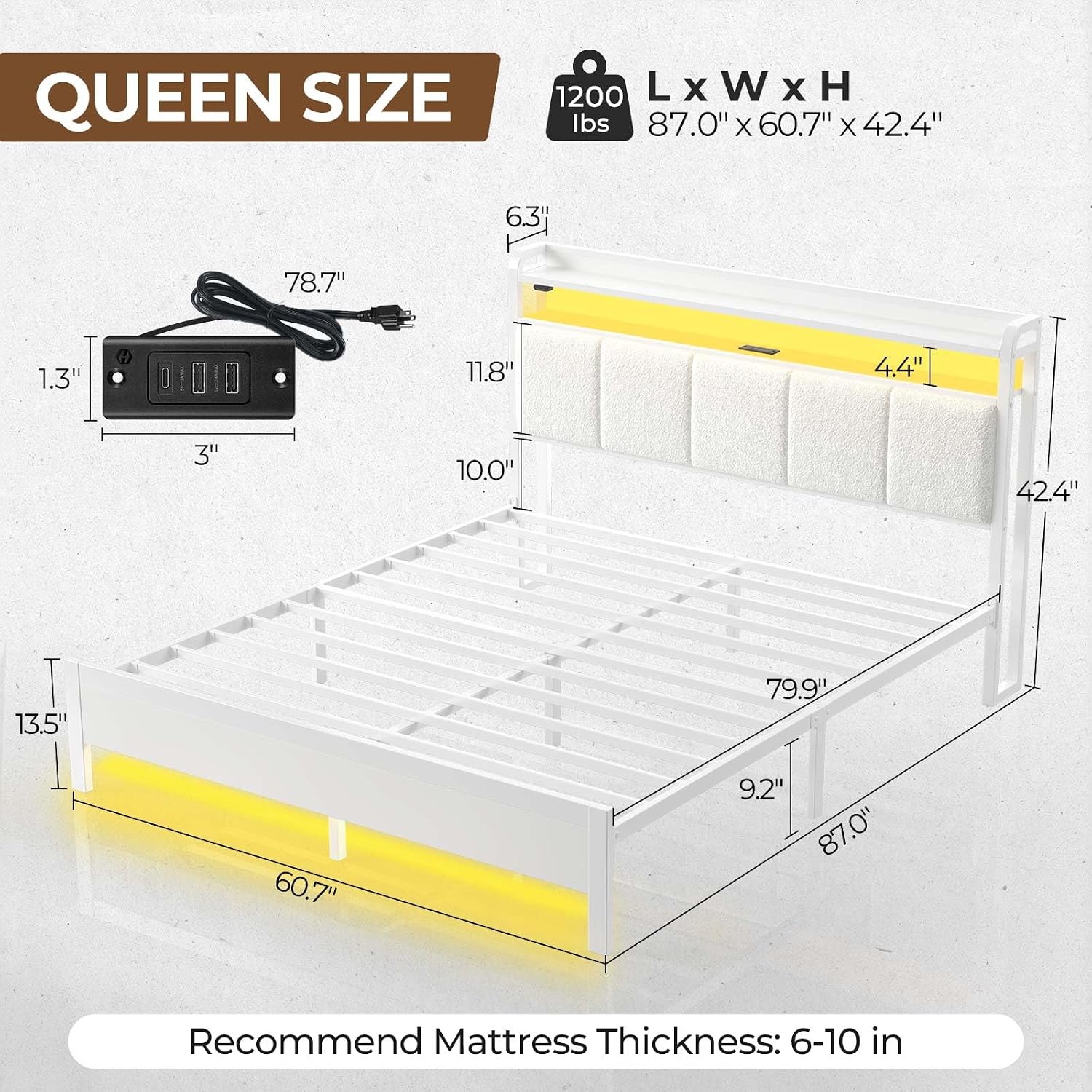 Rolanstar Bed Frame Queen Size with Charging Station and LED Lights, Upholstered Headboard with Storage Shelves, Heavy Duty Metal Slats, No Box Spring Need, Noise Free, Easy Assembly, White