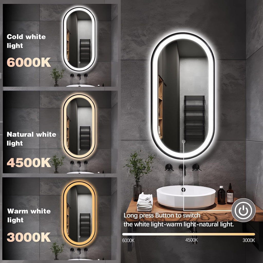 32'x20' Oval LED Bathroom Mirror with Lights, Black Anti Fog Lighted Vanity Mirror Wall Mounted, LED Oval Mirror with 3 Colors, Memory, ShatterProof, Front/Backlit, Horizontal/Vertical