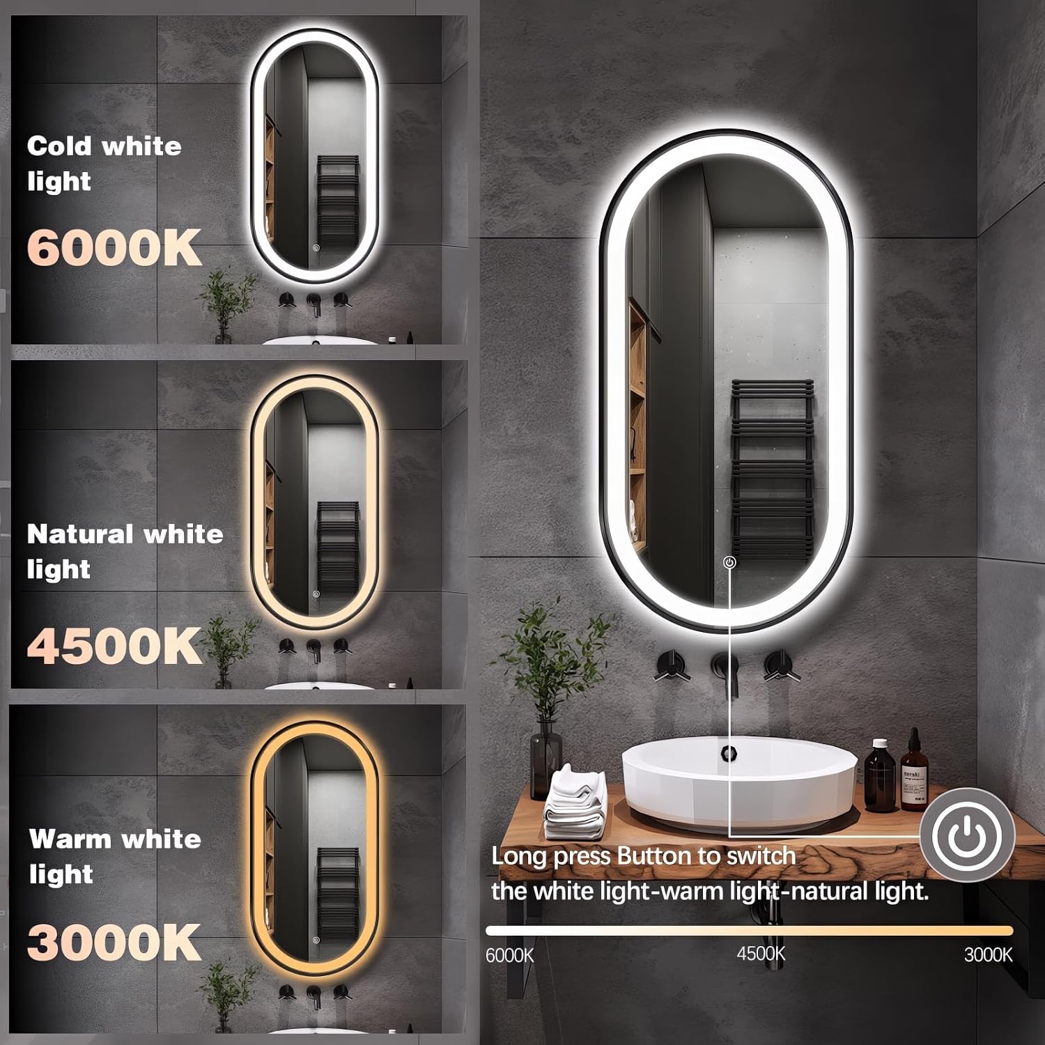 32'x20' Oval LED Bathroom Mirror with Lights, Black Anti Fog Lighted Vanity Mirror Wall Mounted, LED Oval Mirror with 3 Colors, Memory, ShatterProof, Front/Backlit, Horizontal/Vertical