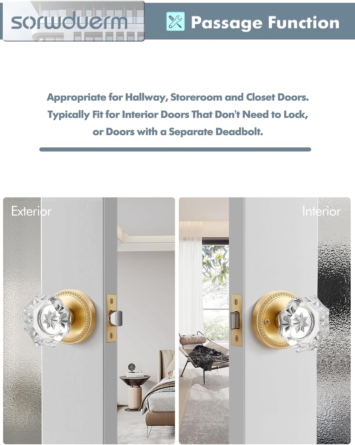 Gold Door Knobs Crystal Door Knob Brushed Gold Passage Door Knobs Glass Satin Brass Interior Door Handles for Hall and Closet 1 Pack