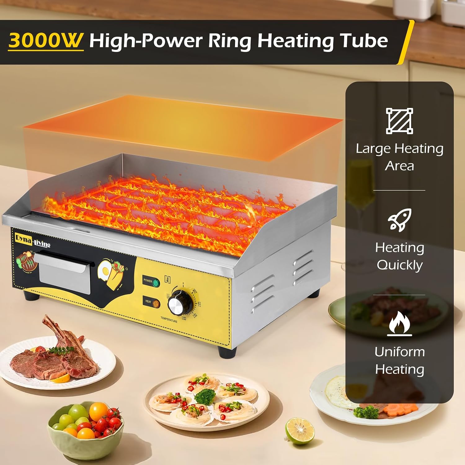 Dyna-Living Single Head Commercial Waffle Maker 1200W & 22'' Stainless Steel Countertop Griddle 3000W 110V Flat top Grill Electric for Home Kitchen