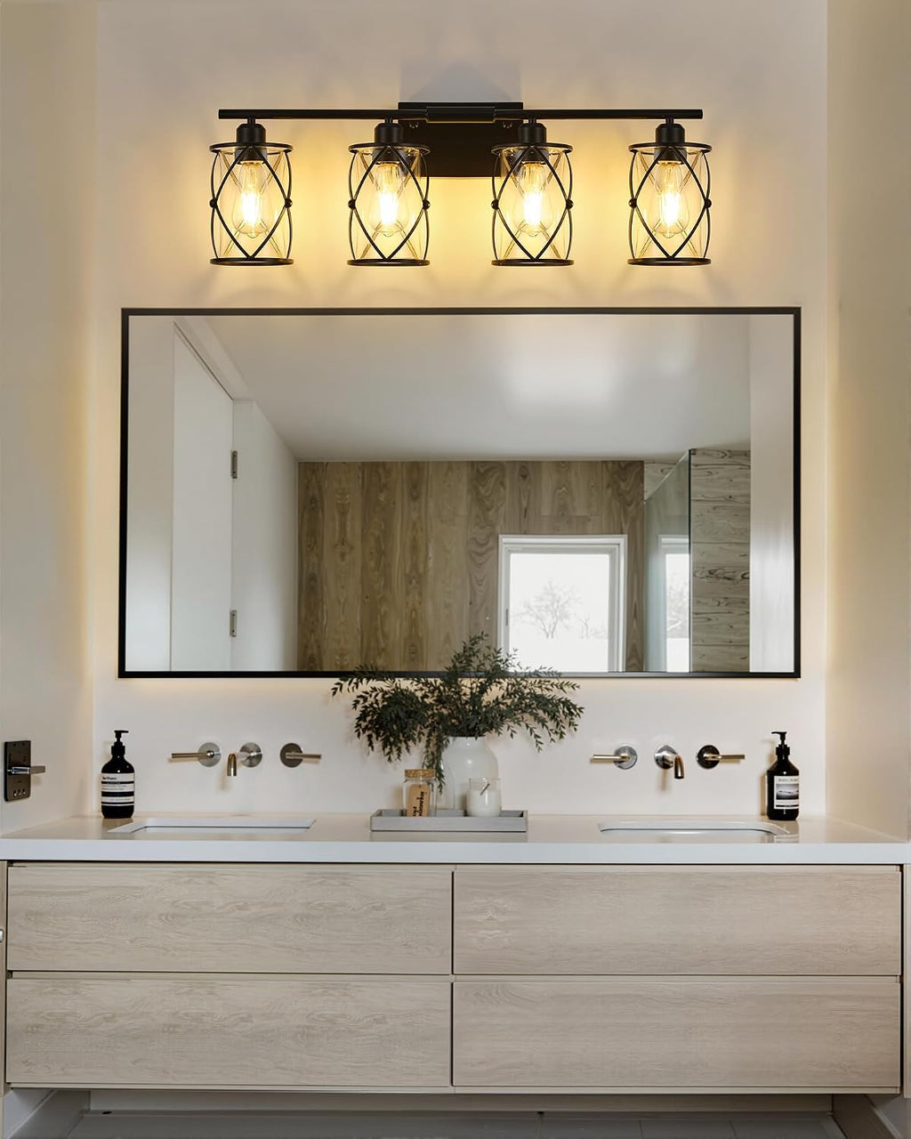 4-Light Black Bathroom Light Fixtures, 29 Inch Modern Bathroom Vanity Lighting Fixtures Over Mirror with Clear Glass and Metal Cage Wall Sconce Lights for Bath, E26, CH9176BK-4W