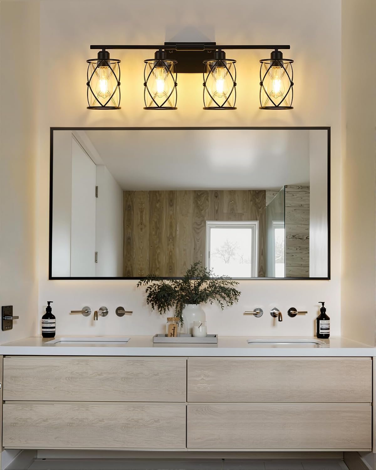 4-Light Black Bathroom Light Fixtures, 29 Inch Modern Bathroom Vanity Lighting Fixtures Over Mirror with Clear Glass and Metal Cage Wall Sconce Lights for Bath, E26, CH9176BK-4W
