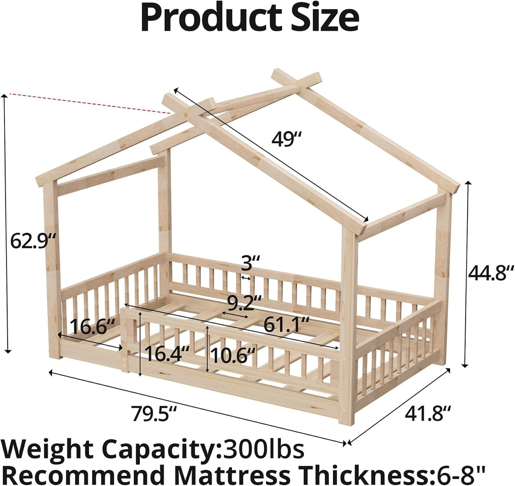 LLS Twin House Bed with Fence, Wooden Montessori Bed with Slats Support, Floor Bed Frame for Boys Girls Bedroom, Natural