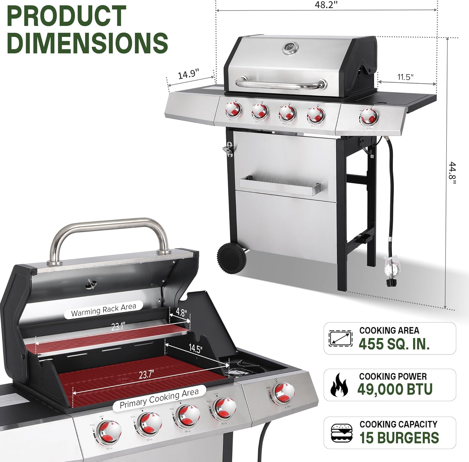 Gas and Charcoal Grill Combo with Side Burner, 4-Burner Propane Grill and Griddle Combo with Porcelain-Enameled Cast Iron Grates & Double-Wall Insulated Lid, 49,000 BTU Outdoor BBQ Grill