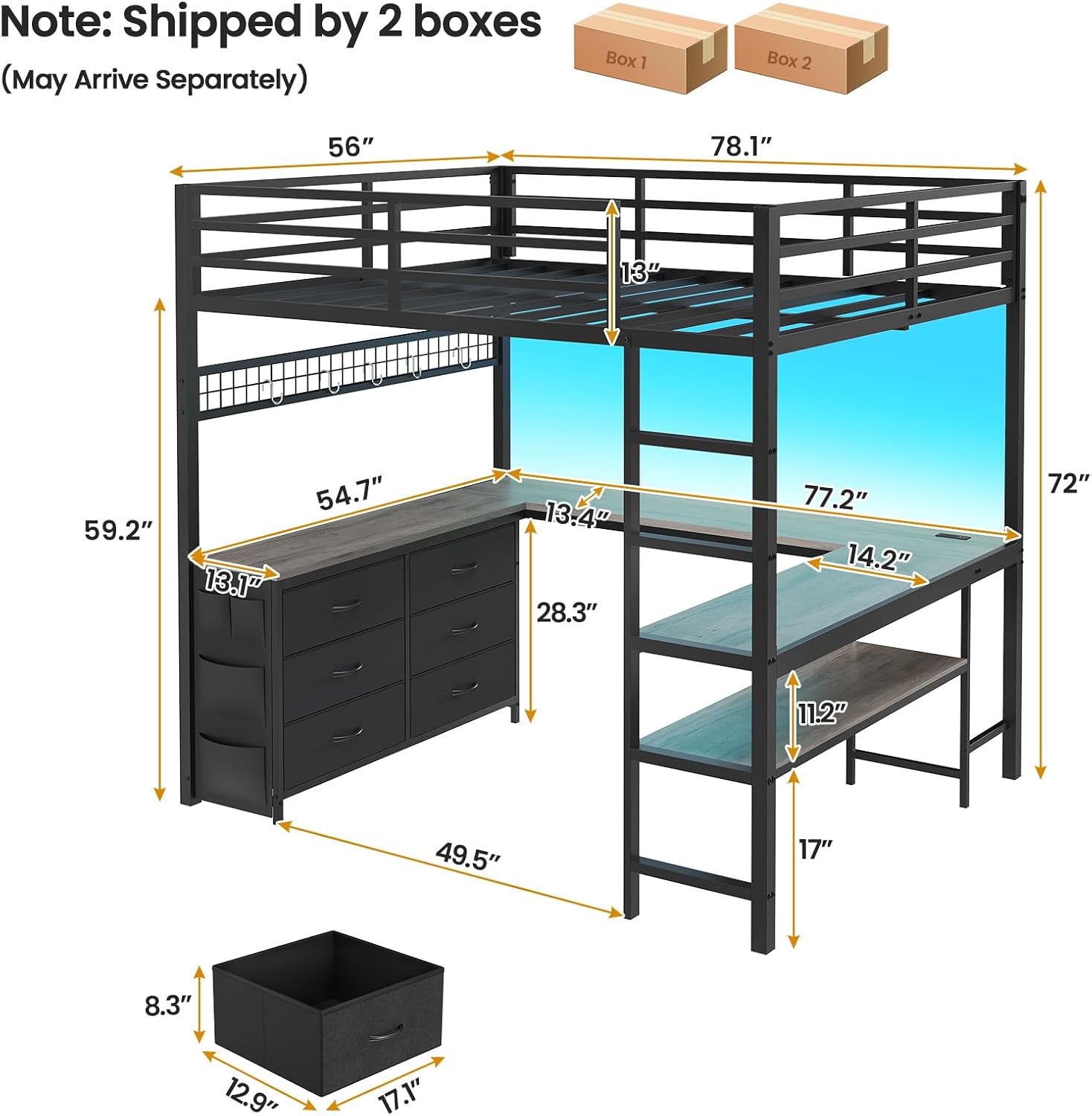 ADORNEVE Loft Bed Full Size with U-Shaped Desk, 6 Storage Drawers, Power Outlet, LED Metal Loft Bed with 2 Storage Shelves, Bed with Safety Guardrail & Ladders, No Box Spring Needed, Grey