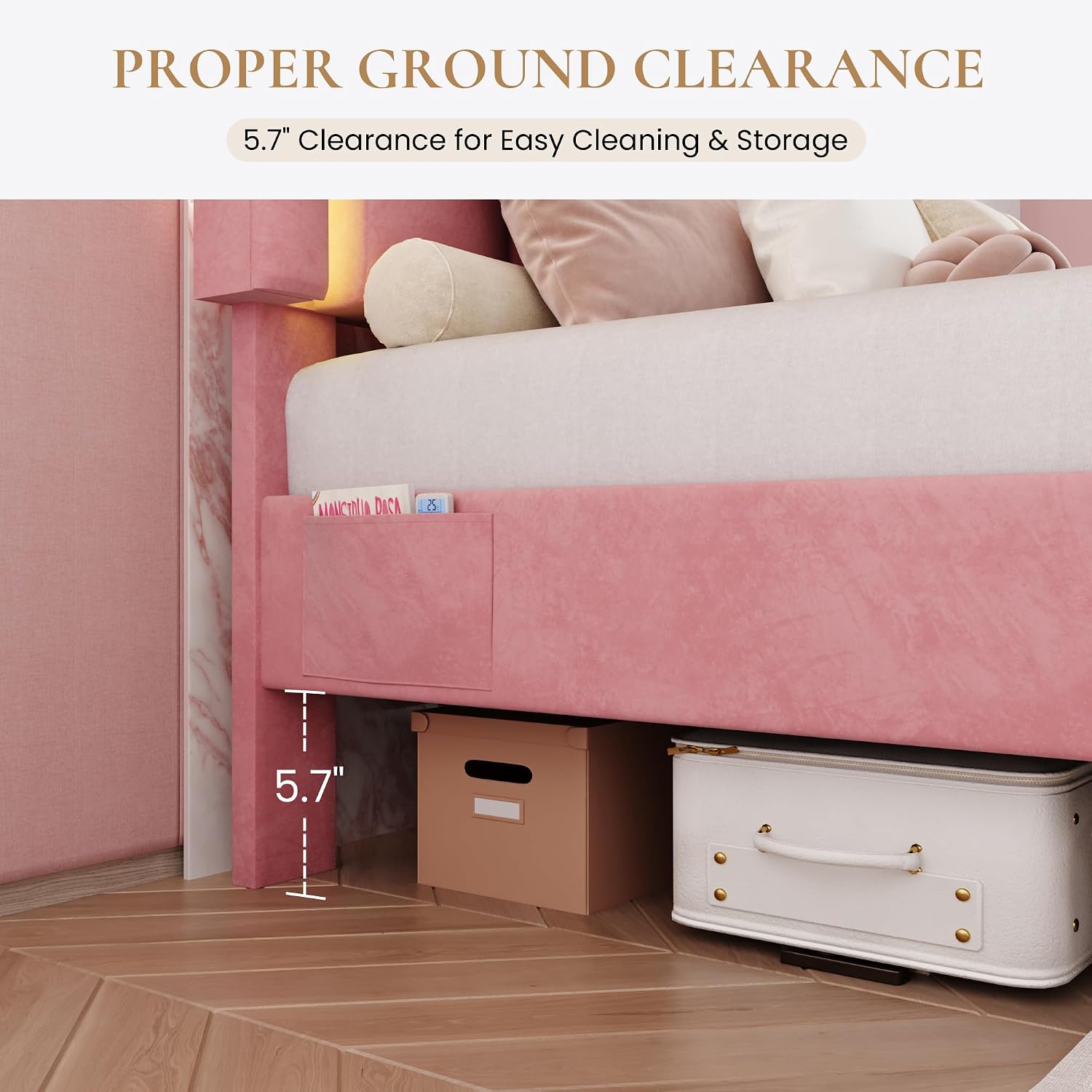 SHA CERLIN Upholstered Queen Size Bed Frame with LED Lights and Large Storage Drawer, Velvet Platform Bed with Adjustable Wavy Headboard, Noise Free, Easy Assembly, No Box Spring Needed, Soft Pink
