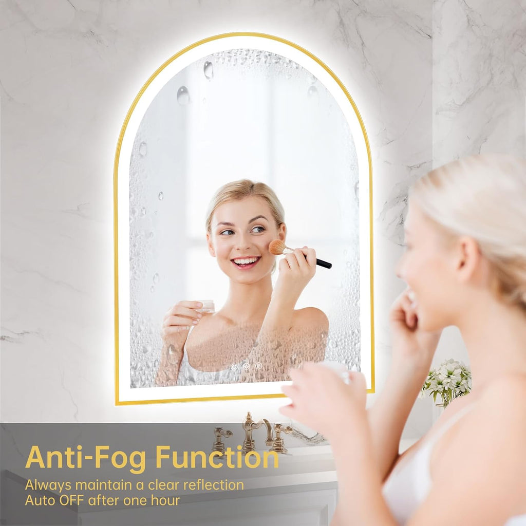 30'x36' Arched LED Mirror for Bathroom, Brushed Gold Lighted Bathroom Mirror with Lights, Fogless, Dimmable, Shatterproof, Touch Sensor, 3 Color Changing