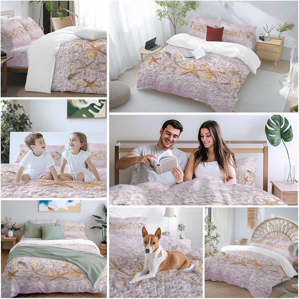 Summer Marine Life Duvet Cover Set Queen Size 4 Pieces Ocean Starfish Conch Shell Beach Pink Wood Grain Bedding Set with Zipper Closure, 1 Comforter Cover 92x106 Inches 1 Flat Sheet & 2 Pillow Cases