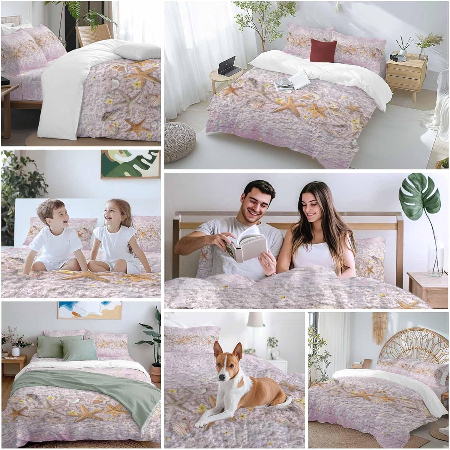 Summer Marine Life Duvet Cover Set Queen Size 4 Pieces Ocean Starfish Conch Shell Beach Pink Wood Grain Bedding Set with Zipper Closure, 1 Comforter Cover 92x106 Inches 1 Flat Sheet & 2 Pillow Cases
