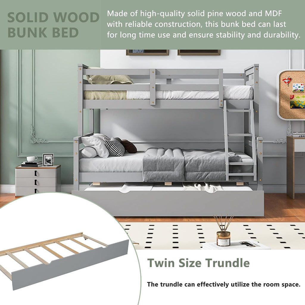 Merax Trundle Bunk Bed, Twin Over Full Wood Bunk Bed with Twin Size Trundle and Ladder, 3-in-1 Convertible to 2 Separate Beds, Solid Wood Frame with Guardrai, Grey