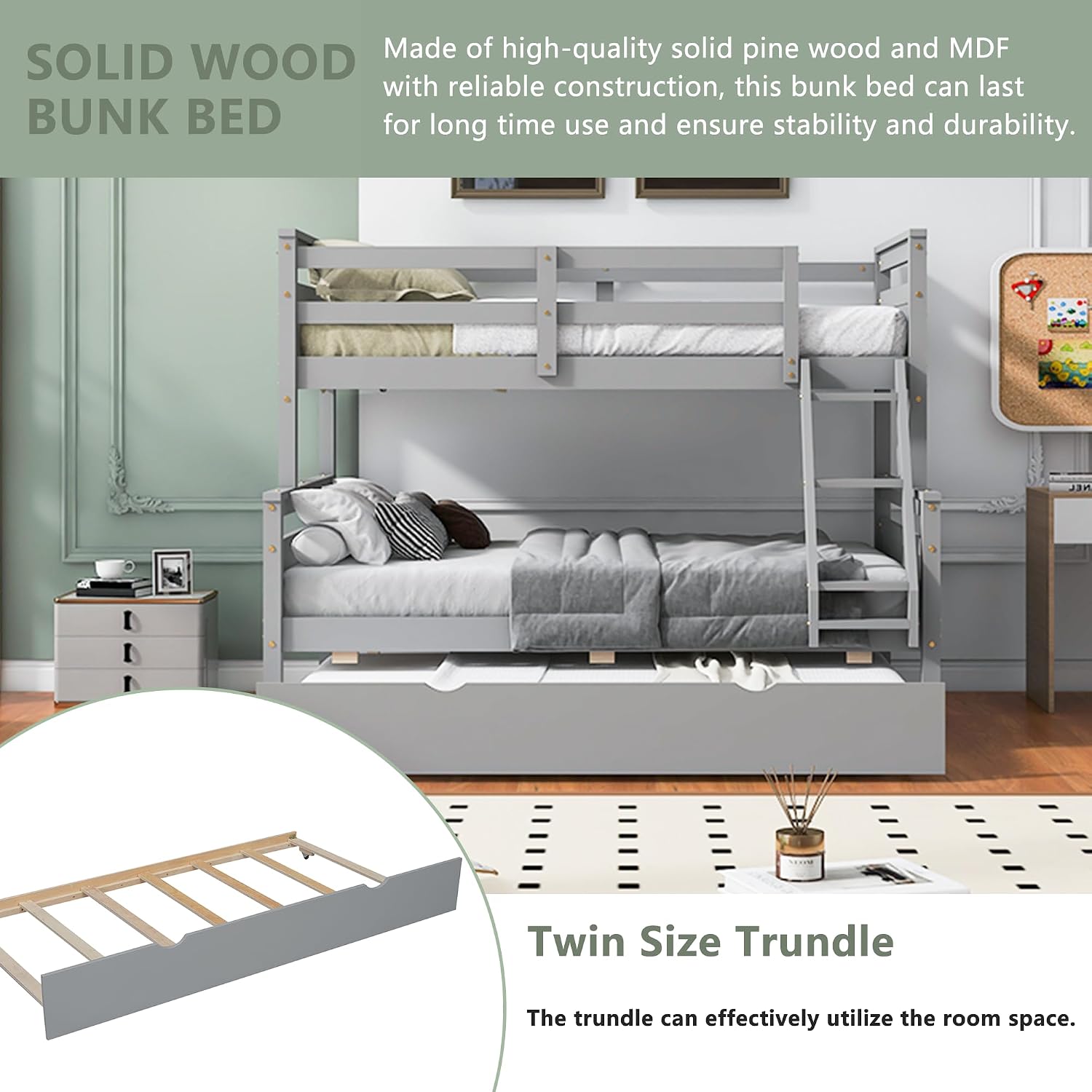 Merax Trundle Bunk Bed, Twin Over Full Wood Bunk Bed with Twin Size Trundle and Ladder, 3-in-1 Convertible to 2 Separate Beds, Solid Wood Frame with Guardrai, Grey