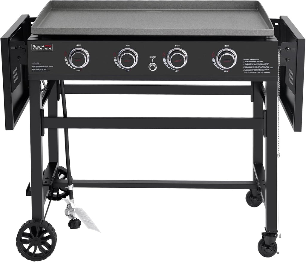 Royal Gourmet GB4001B 4 Burner Propane Gas Griddle with Foldable Side Tables, 35-Inch Flat Top Griddle with 52,000 BTUs Output for Outdoor Cooking like Camping or Tailgating, Black
