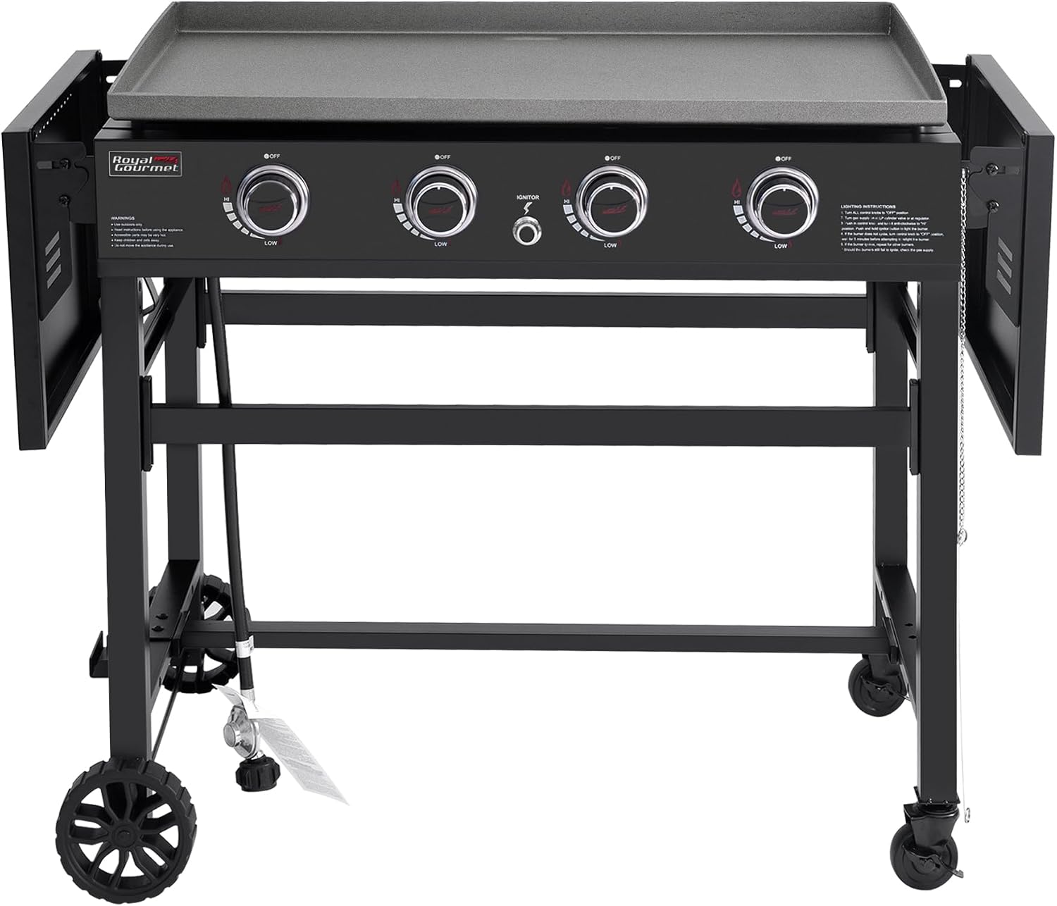 Royal Gourmet GB4001B 4 Burner Propane Gas Griddle with Foldable Side Tables, 35-Inch Flat Top Griddle with 52,000 BTUs Output for Outdoor Cooking like Camping or Tailgating, Black