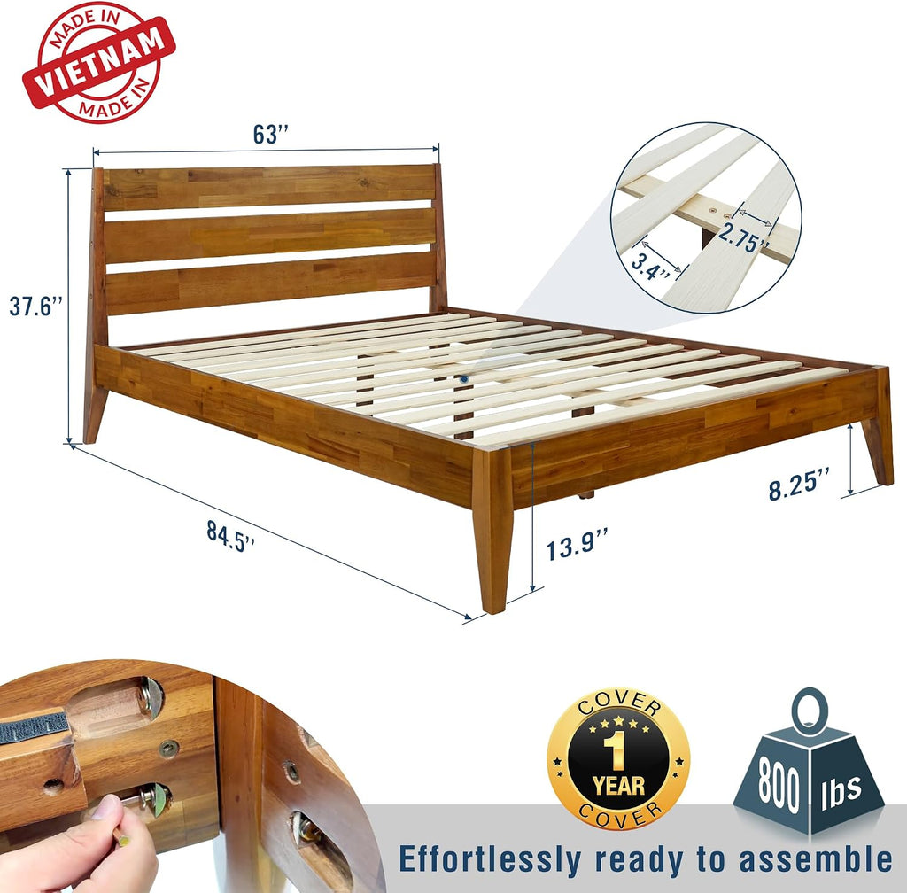 Acacia Emery Bed Frame with Headboard Solid Wood Platform Bed, Queen Size Bed Frame, Mid - Century Modern Wood Bed Compatible with All Mattresses, Easy Assembly, Non-Slip, Caramel.