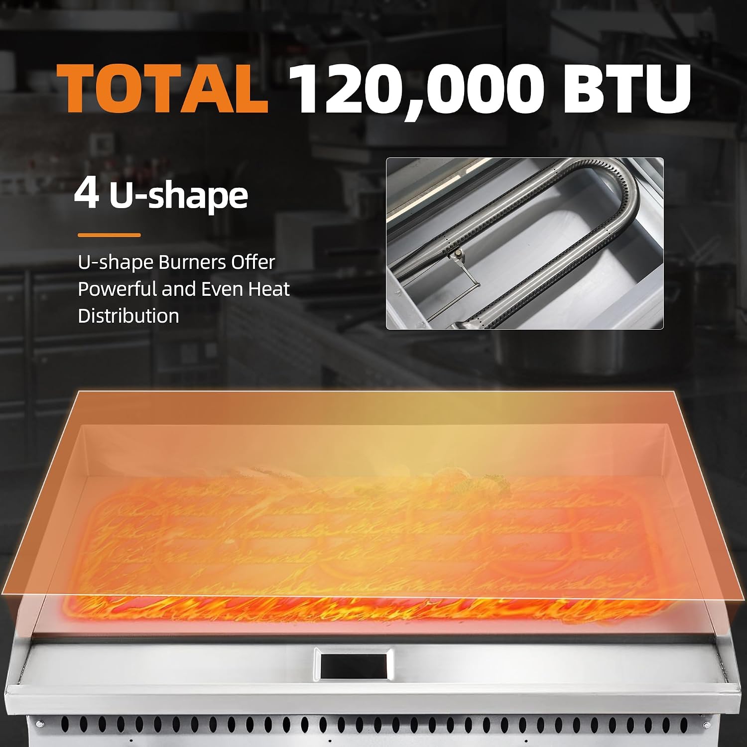 48' Commercial Countertop Griddle, 4 Burners Gas Griddle, 120000 BTU Output, Stainless Steel Flat Top Grill Hot Plate with Natural Gas and Propane Conversion Kit for Restaurant, Food Truck