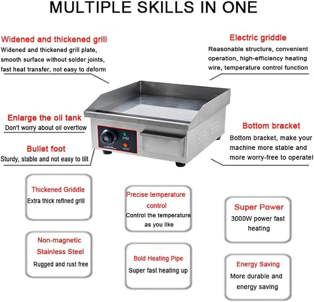 Countertop Flat Top Grill Hotplate, Commercial Electric Griddle, 50-300℃ Adjustable Temperature Teppanyaki for BBQ Cooking Steak, Pancakes