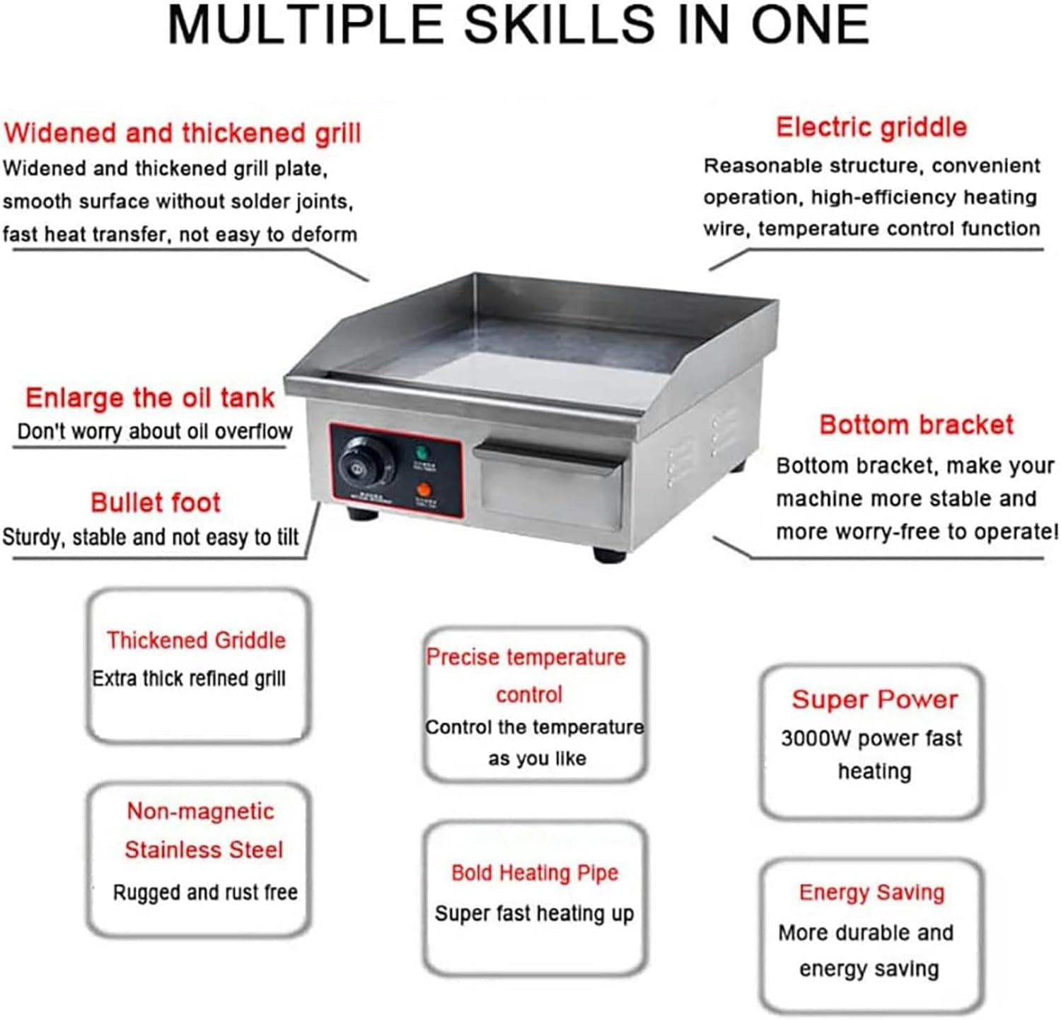 Countertop Flat Top Grill Hotplate, Commercial Electric Griddle, 50-300℃ Adjustable Temperature Teppanyaki for BBQ Cooking Steak, Pancakes