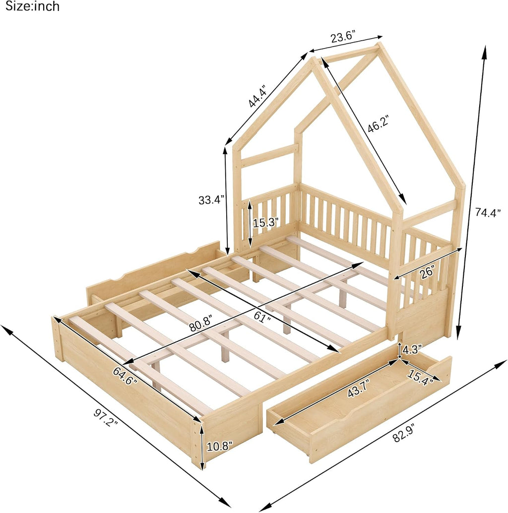 VilroCaz Wood Queen Size House Platform Bed with Safety Fence, Montessori Platform Bed with House Shape Headboard and 2 Drawers for Kids Boys Girls, Sturdy Slats Support (Natural-Q)