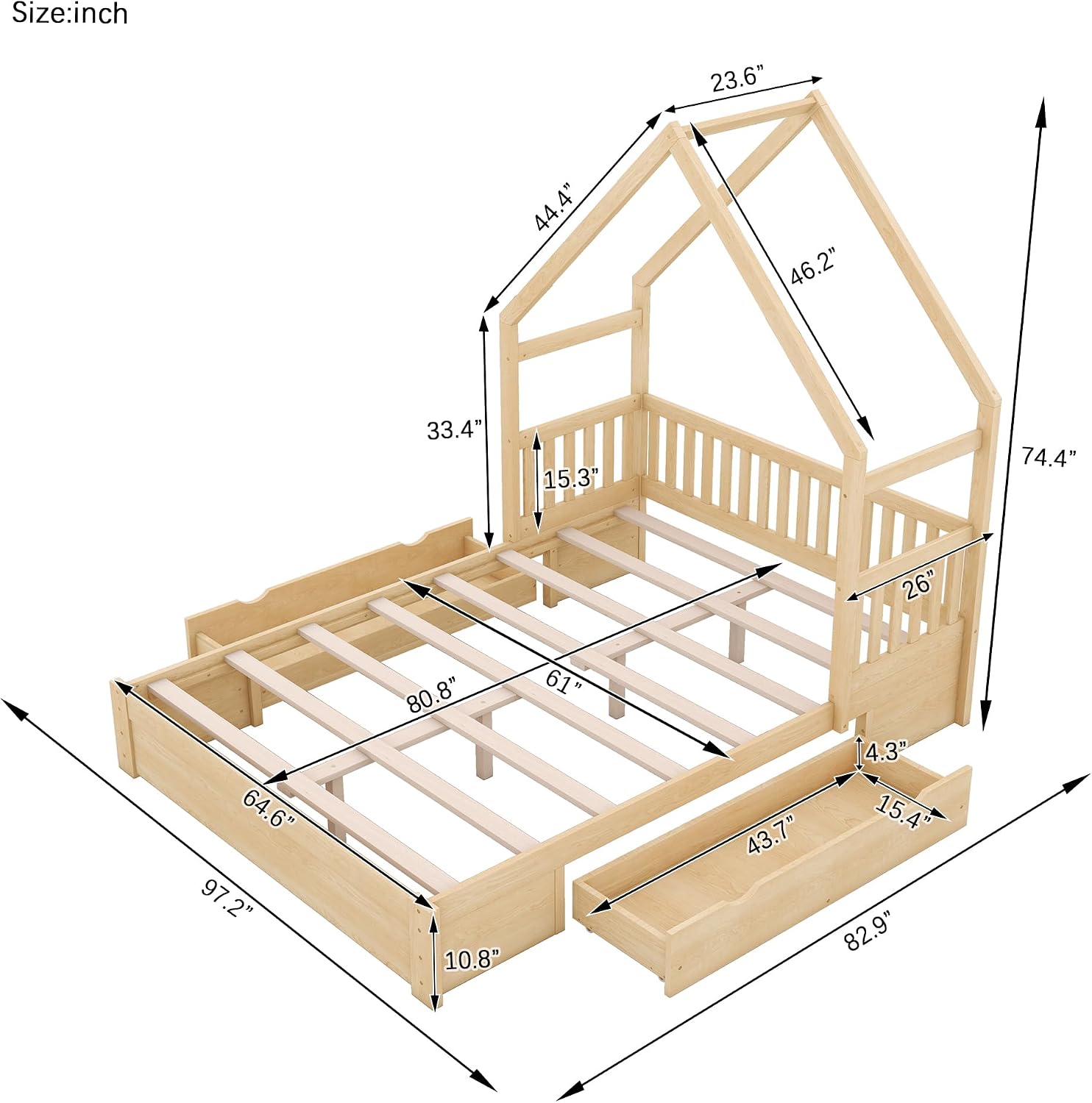 VilroCaz Wood Queen Size House Platform Bed with Safety Fence, Montessori Platform Bed with House Shape Headboard and 2 Drawers for Kids Boys Girls, Sturdy Slats Support (Natural-Q)
