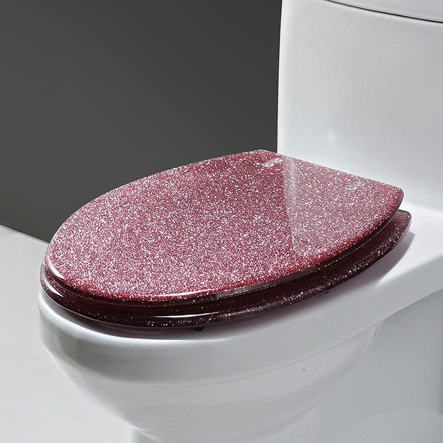 Glitter Resin Toilet Seat, Toilet Seat Cover Round, Resin Universal U/V/O Toilet Seat, Thicken Toilet Seat Slow Close,with Stainless Steel Hinge, Easy to Clean & Install (Pink)