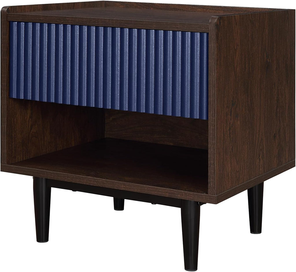 Manhattan Comfort Duane Fluted Nightstand with Full Extension Drawer and Open Shelf, Steel Legs, Bedside Table, Industrial Chic Accent Table for Living Room, Entryway and Bedroom in Navy Blue