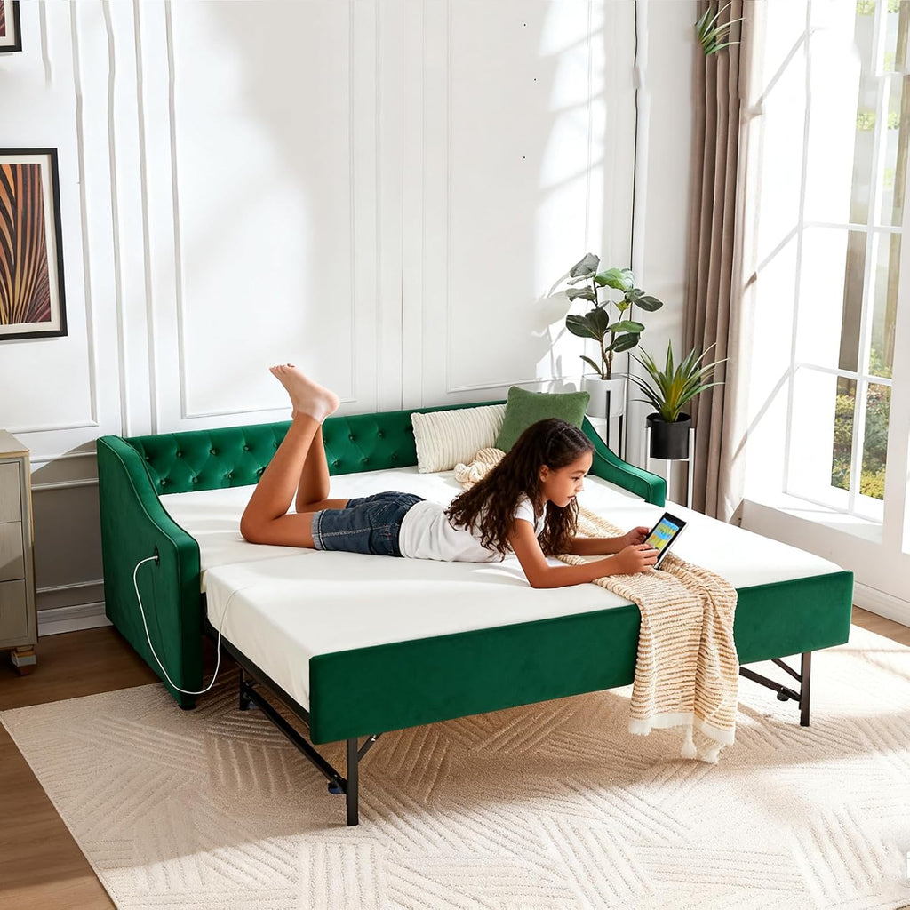 Twin to King Daybed with Trundle, USB Ports Soft Upholstered Daybed with Pop Up Trundle Bed Twin, Modern Extendable Day Bed Frame for Girls Bedroom Living Room Guest Room Small Places Dark Green
