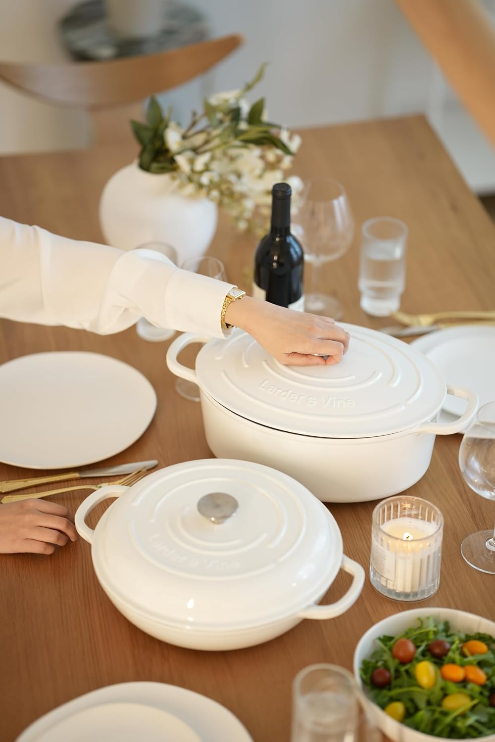 Larder & Vine 4-Piece Enameled Cast Iron Cookware Set: 8 Quart Dutch Oven with Lid, 3.6 Quart Braiser with Lid, Cast Iron Cookware with Oversized Handles, Oven Safe up to 500°F (White)