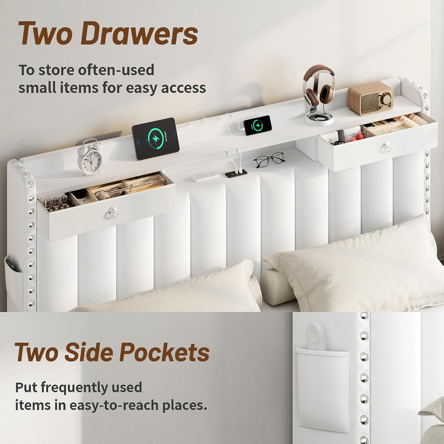 CypBed Queen Bed Frame with Headboard ＆ 4 Storage Drawers,Velvet Upholstered Platform Bed Frame Queen Size with 3 USB & Type-C Charging Ports,Solid Wood Slats,No Box Spring Needed, No-Noise,White,Gift