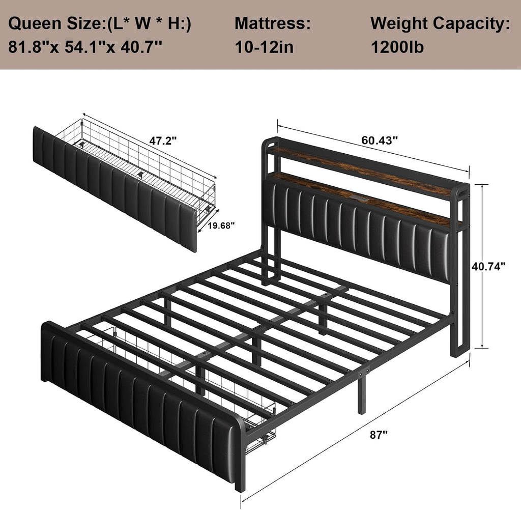 LOEWAY Queen Storage Bed Frame, Upholstered Platform with Drawers and Headboard, LED Lights & Charging Station, Under Bed Storage, No Box Spring Needed, Black