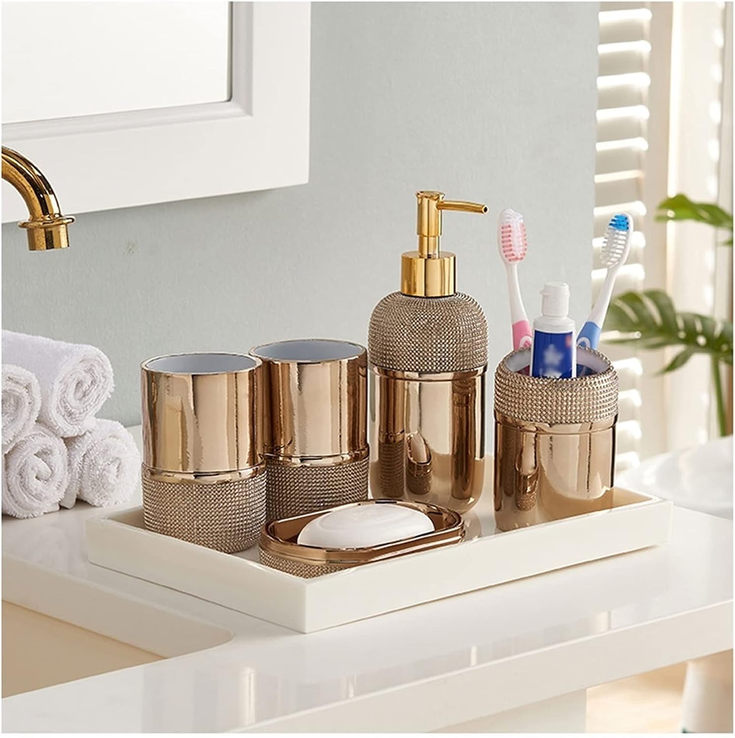 Soap Dispenser Gold Bathroom Accessories Set 6 Piece Resin Bath Accessory Sets Complete Soap Dispenser Toothbrush Holders Tumbler Soap Dish and Ceramic Tray Liquid Dispenser for Bathroom(Gold)