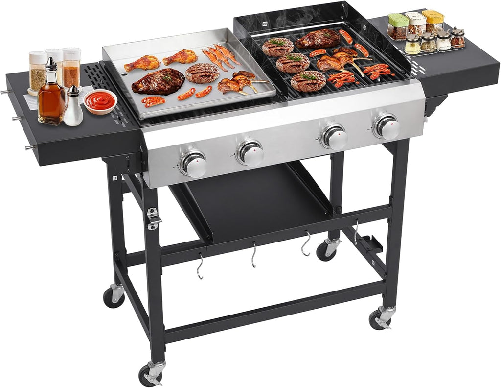 CIG GARDEN 4-Burner Propane Gas Grill and Griddle Combo, 42,000 BTU Output BBQ Grill with Cast Iron Grates, Perfect for Outdoor Cooking, Balcony, Backyard, Camping, Barbecue