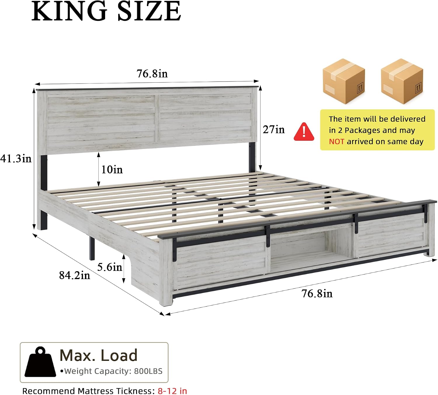Wooden Bed Frame King Size with Headboard & Sliding Barn Door Storage Footboard, Farmhouse Platform Bedframe with Charging Station and LED Lights, No Box Spring Needed, Boho White