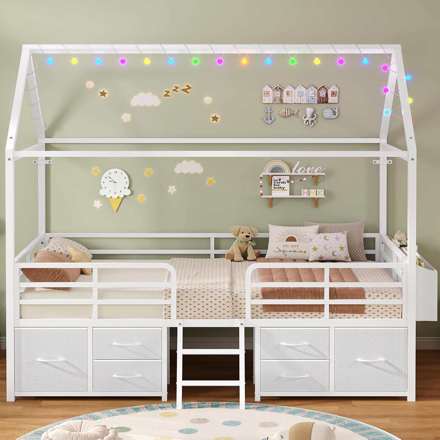 ADORNEVE Twin Size Bed Frame with 6 Drawers,House Bed with Globe String Lights Plug in,Metal Kids Bed with Safety Guardrail & Inclined Ladder,No Box Sping Needed,White