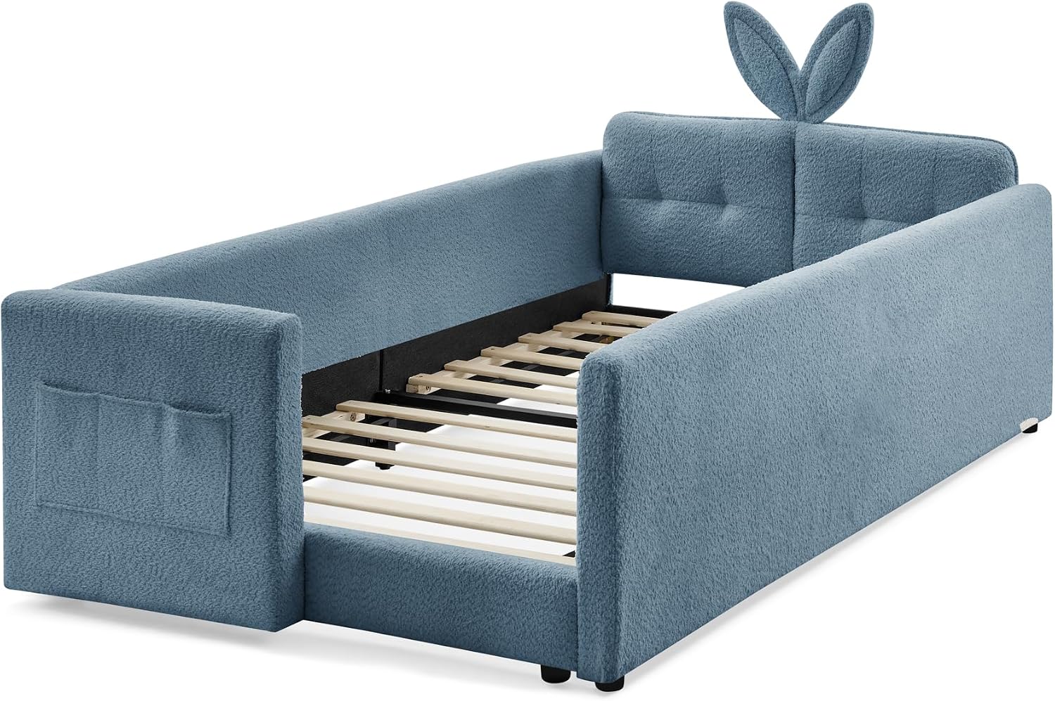 VilroCaz Twin Size Upholstered Platform Bed with Safety Guardrail and Cute Rabbit Ear Shaped Headboard, Boucle Fabric Montessori Kids Bed with Pocket and Sturdy Slats Support (Baby Blue-7.24)
