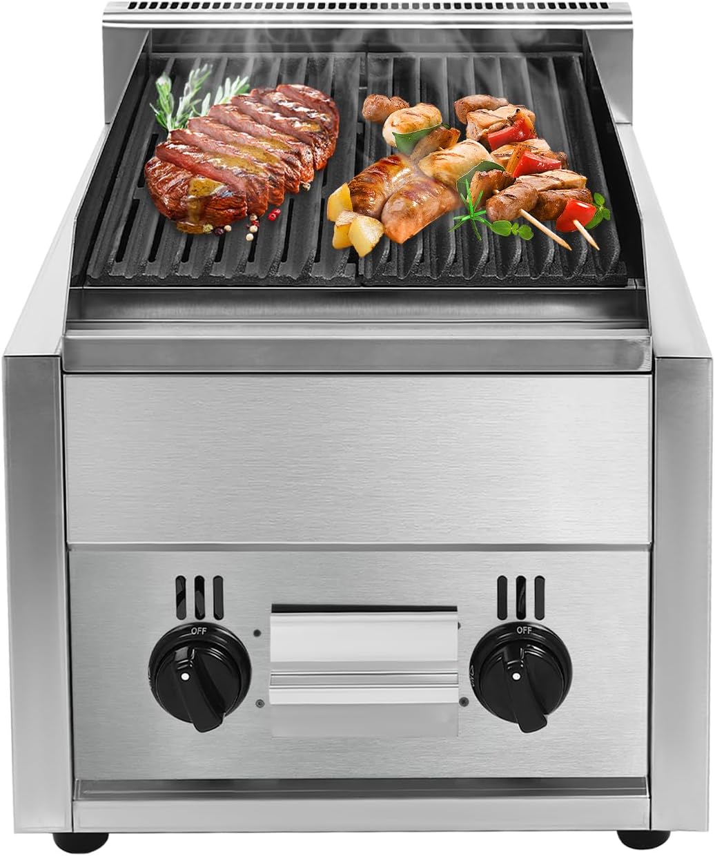 Commercial Gas Grill, Stainless Steel Commercial Countertop Gas Grills, Flat Top Griddle with 2 Separate Large Grill Pans & Adjustable Temperature for Canteens Western Restaurants