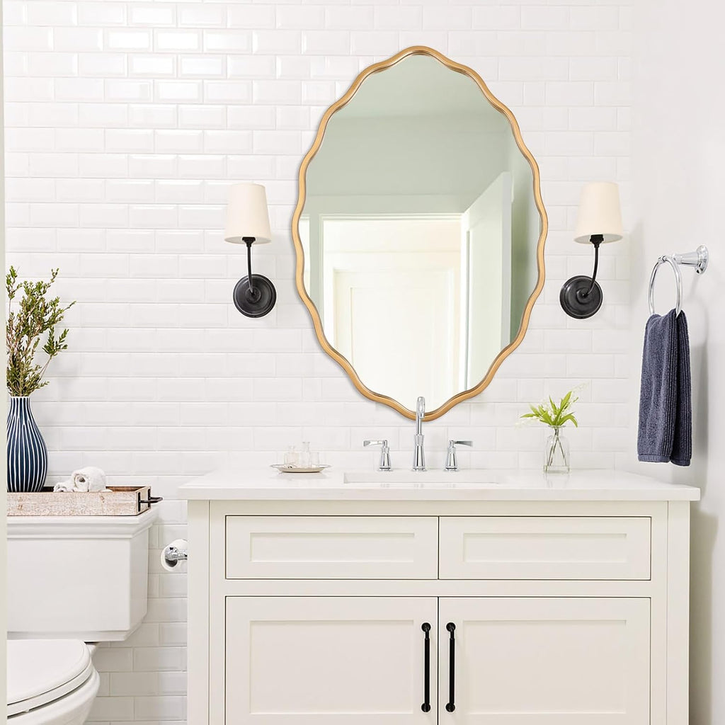 20 * 30 Inch Brushed Gold Oval Ripple Bathroom Mirror Wall Mounted Large Modern Countryside Suitable for Washroom, Bedroom, Living Room, Entryway