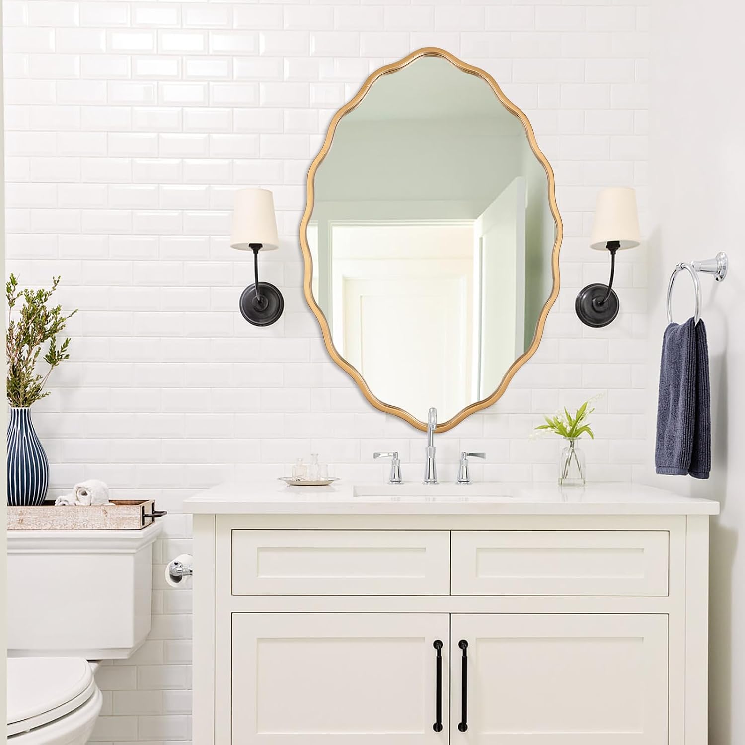 20 * 30 Inch Brushed Gold Oval Ripple Bathroom Mirror Wall Mounted Large Modern Countryside Suitable for Washroom, Bedroom, Living Room, Entryway