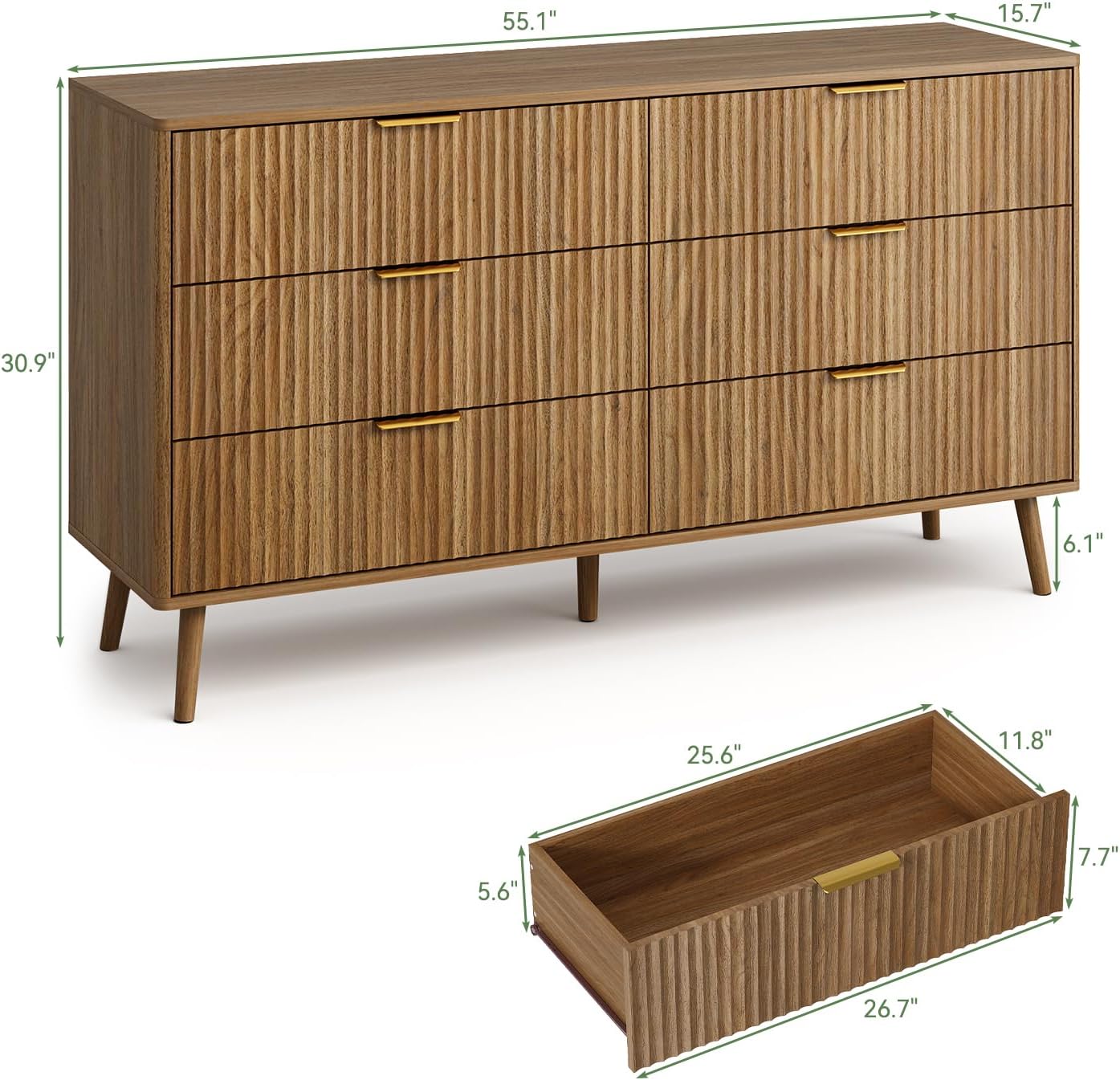 LYNSOM Fluted Dresser and Nightstand Sets 3 Piece, 6-Drawers Dresser and 1-Drawer Nightstands Set of 2, Wood Bedroom Furniture Set for Home, Bedroom, Hallway, Walnut