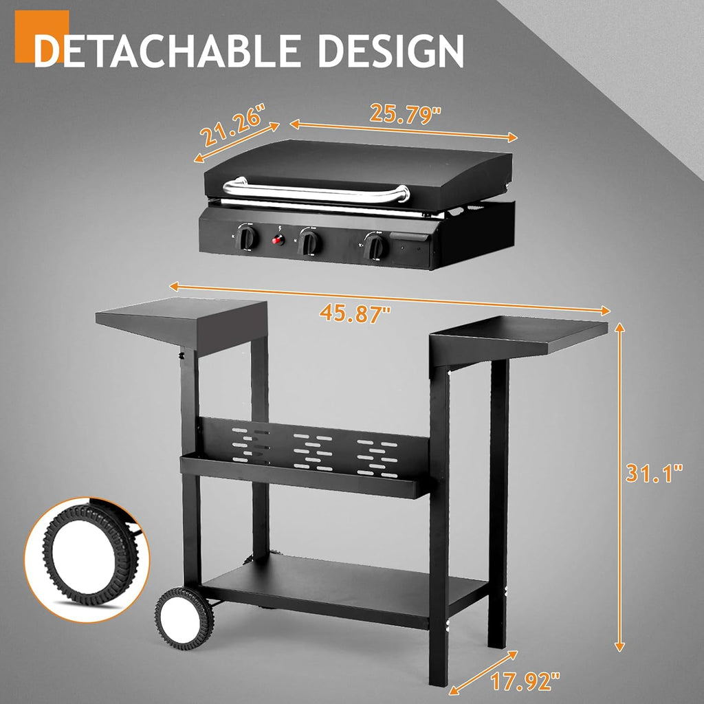 Rolling Flat Top Grill Propane Gas Griddle 3-Burner Propane Grill Griddle Station w/Side Shelve, Ceramic Coated Cast Iron Pan for Outdoor Cooking Barbecue Backyard Garden Party Picnic Hiking (Black)