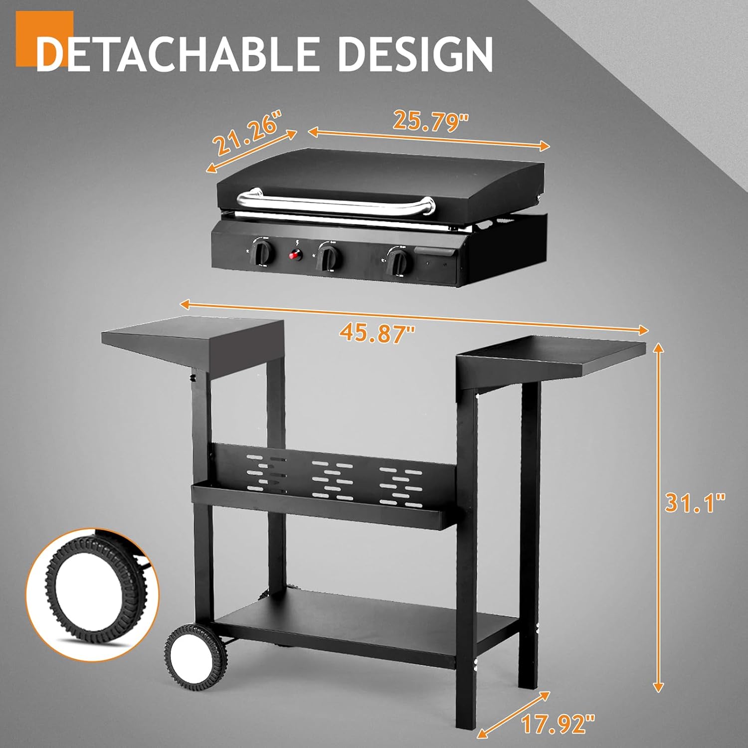 Rolling Flat Top Grill Propane Gas Griddle 3-Burner Propane Grill Griddle Station w/Side Shelve, Ceramic Coated Cast Iron Pan for Outdoor Cooking Barbecue Backyard Garden Party Picnic Hiking (Black)