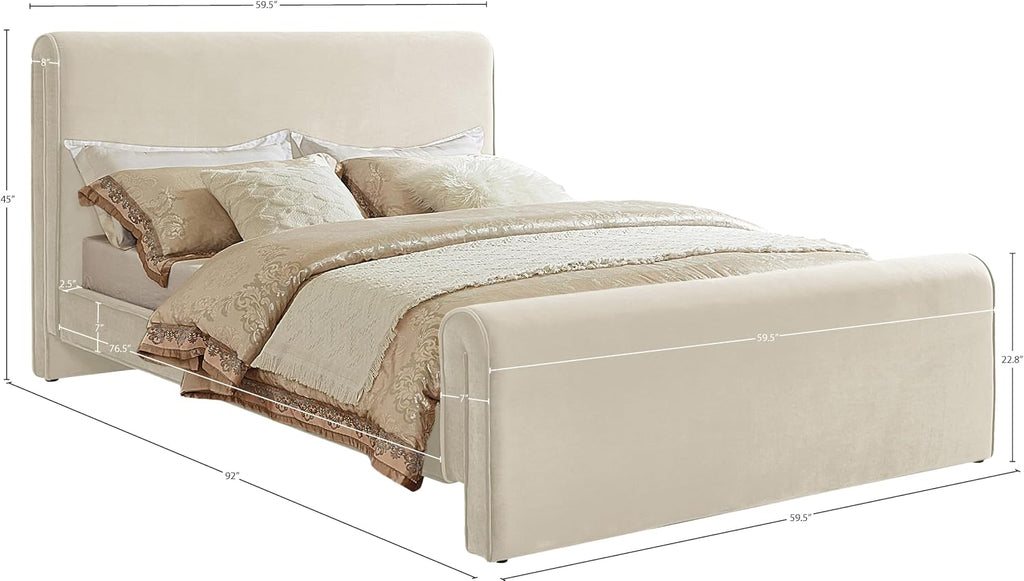 Meridian Furniture SloanCream-F Sloan Collection Modern | Contemporary Velvet Upholstered Full Bed with Rich Soft Cream Velvet, Curved Headboard and Footboard, 59.5' W x 92' D x 45' H, Cream, Full